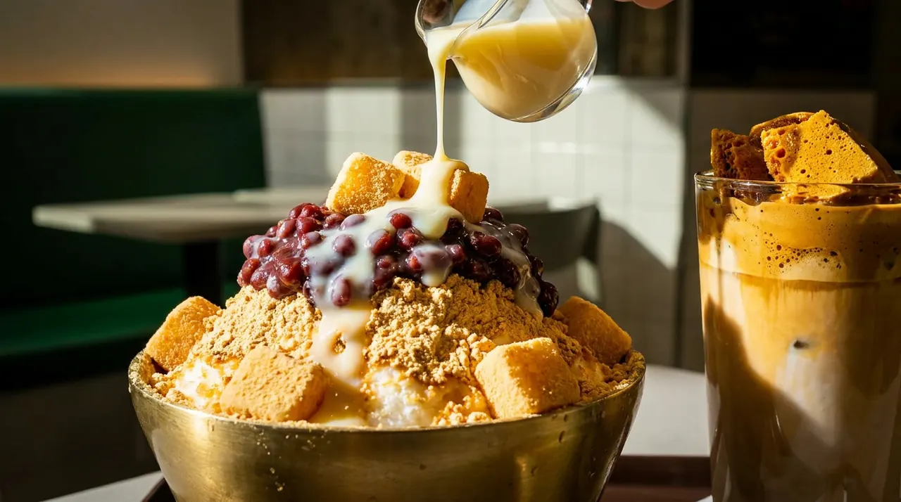 Condensed milk being poured from a small glass pitcher onto a large bowl of Korean shaved ice dessert topped with red beans, injeolmi rice cakes, and sweet powder, next to a tall glass of dalgona coffee.