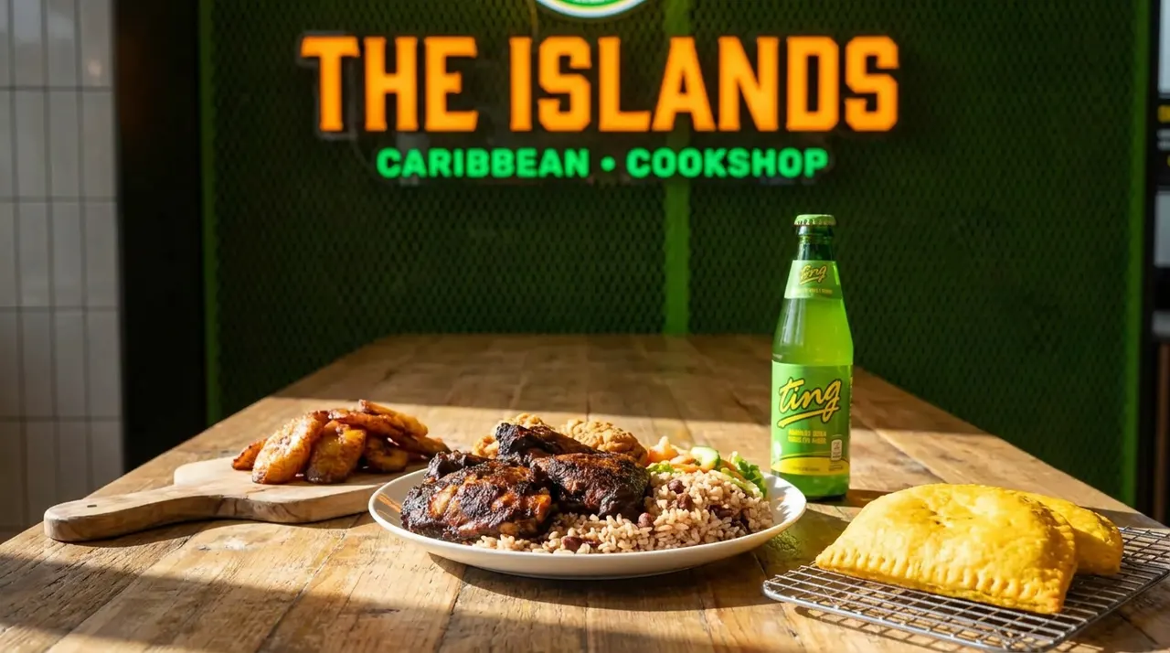 A wooden table featuring a plate of jerk chicken with rice and peas, a side of fried plantains on a wooden board, a green bottle of Ting soda, and golden Jamaican patties on a wire rack, with a neon sign for The Islands in the background.