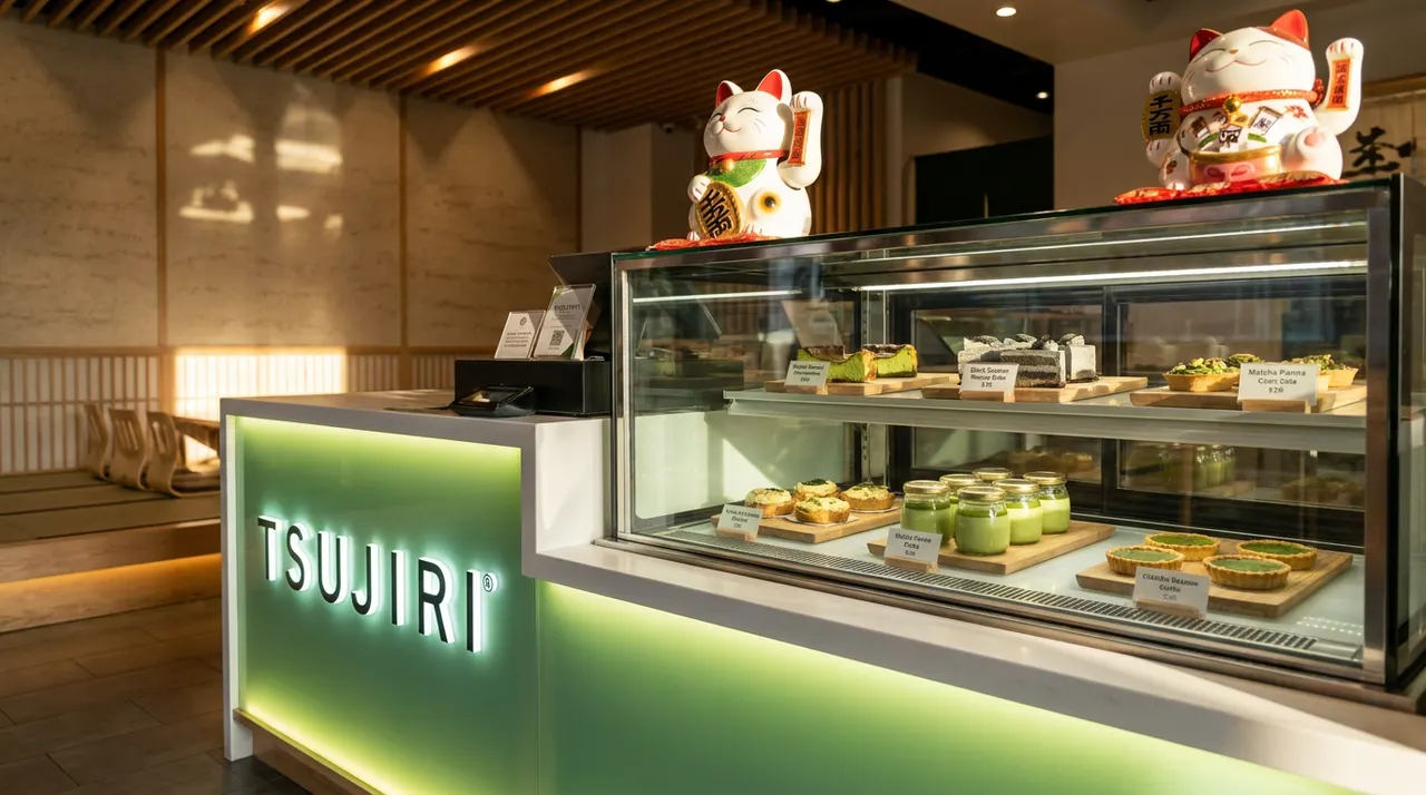 A modern dessert counter at Tsujiri Dundas featuring a glass display case filled with matcha pastries, tarts, and puddings, next to a glowing green counter with the brand name.