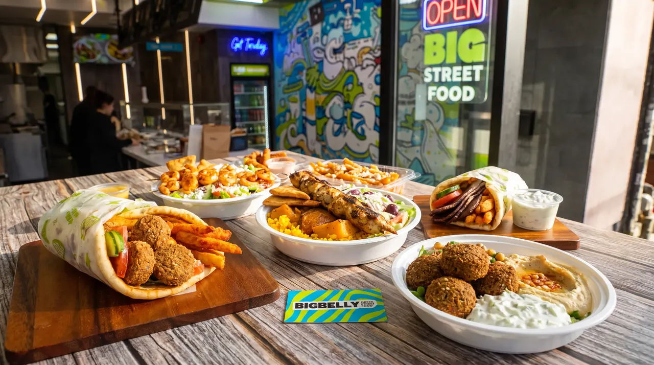 A wooden table filled with Greek street food dishes including gyros, falafel bowls, skewers with rice, and salads, with a restaurant interior and neon sign in the background.