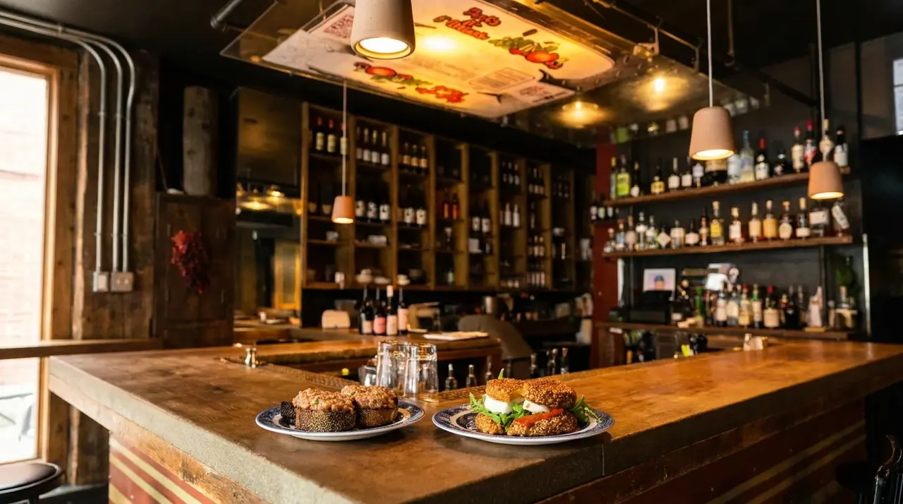 Two plates of small bites sit on a rustic wooden bar counter inside a dimly lit tavern with shelves of liquor bottles in the background.