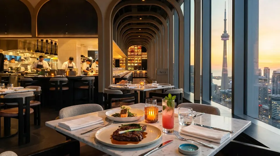 A beautifully set table with steak, salmon, and cocktails in a modern high-rise restaurant overlooking the CN Tower at sunset.