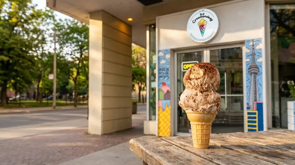 A double scoop of ice cream in a waffle cone sits on a rustic wooden picnic table outside the Ice Creamonology shop in Toronto.