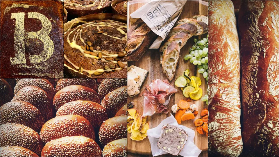 A collage of artisanal bakery items from Blackbird Baking Co., featuring a loaf dusted with a 'B', round seeded buns, a sweet pastry, a charcuterie board with sliced baguette, meats, and cheese, and long rustic loaves.
