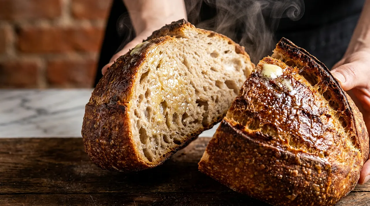 A person's hands holding open a freshly cut, steaming loaf of sourdough bread with melted butter on the crumb, set against a rustic brick background.
