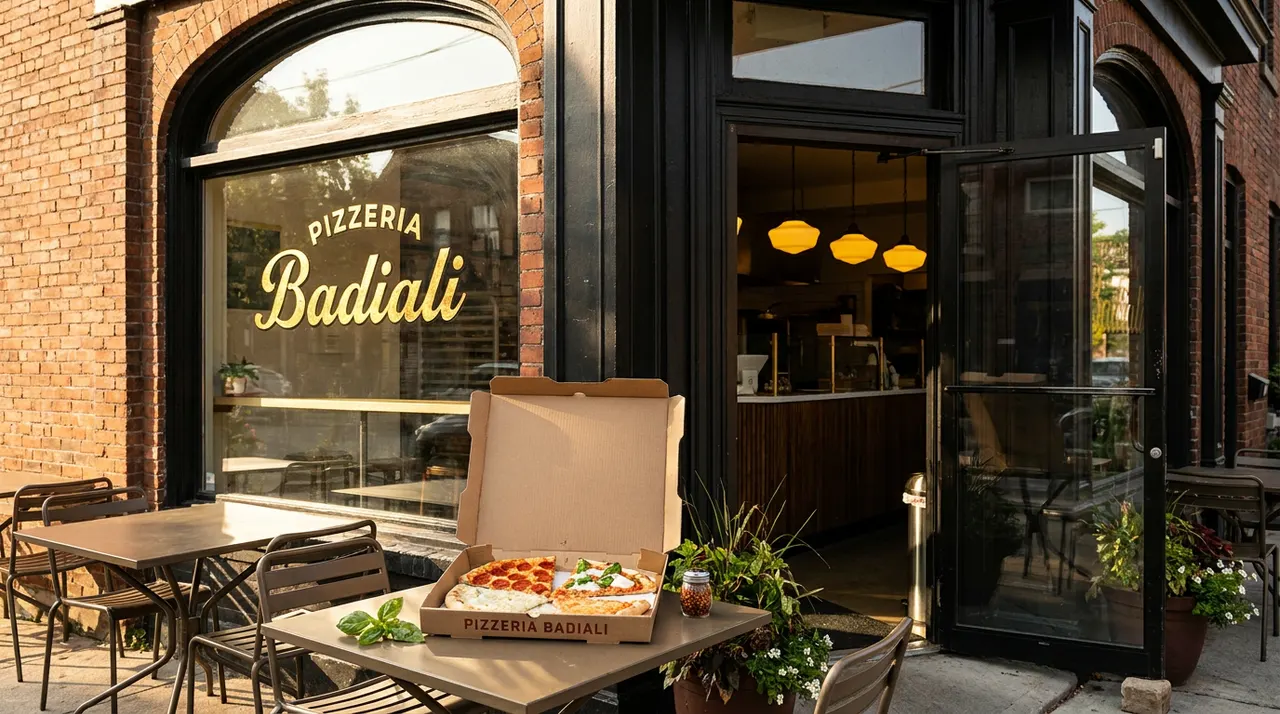 An open pizza box containing four different slices of pizza sits on an outdoor patio table in front of Pizzeria Badiali, featuring a brick facade and a large window with gold lettering.