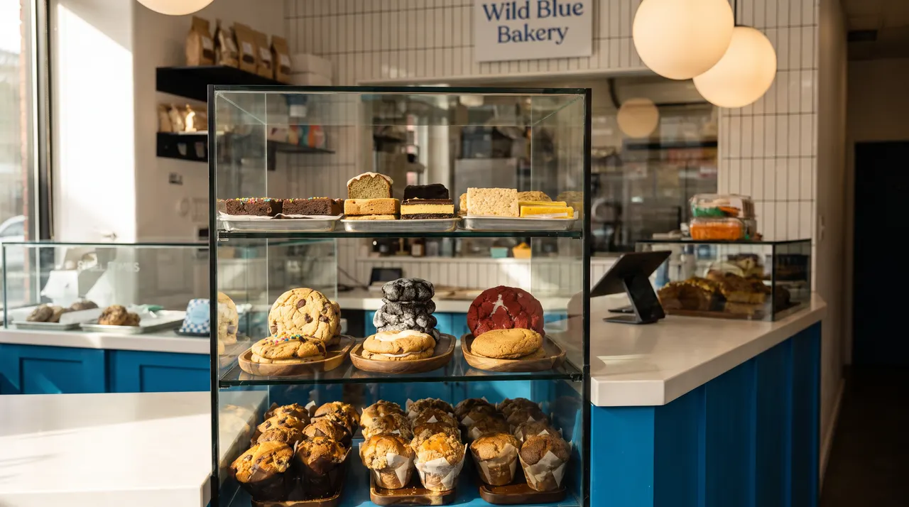 A glass display case filled with baked goods including cookies, muffins, and sliced cakes on a counter at Wild Blue Bakery.