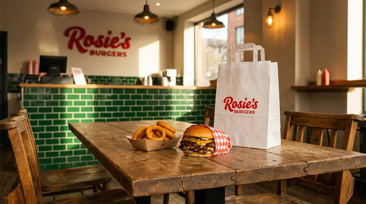 A double cheeseburger wrapped in checkered paper, a tray of golden onion rings, and a white paper takeout bag with the Rosie's Burgers logo on a rustic wooden table inside the restaurant.