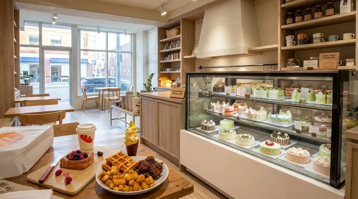 A cozy bakery interior with a wooden table in the foreground holding pastries, waffles, and a soft-serve cone, next to a large glass display case filled with colorful cakes.