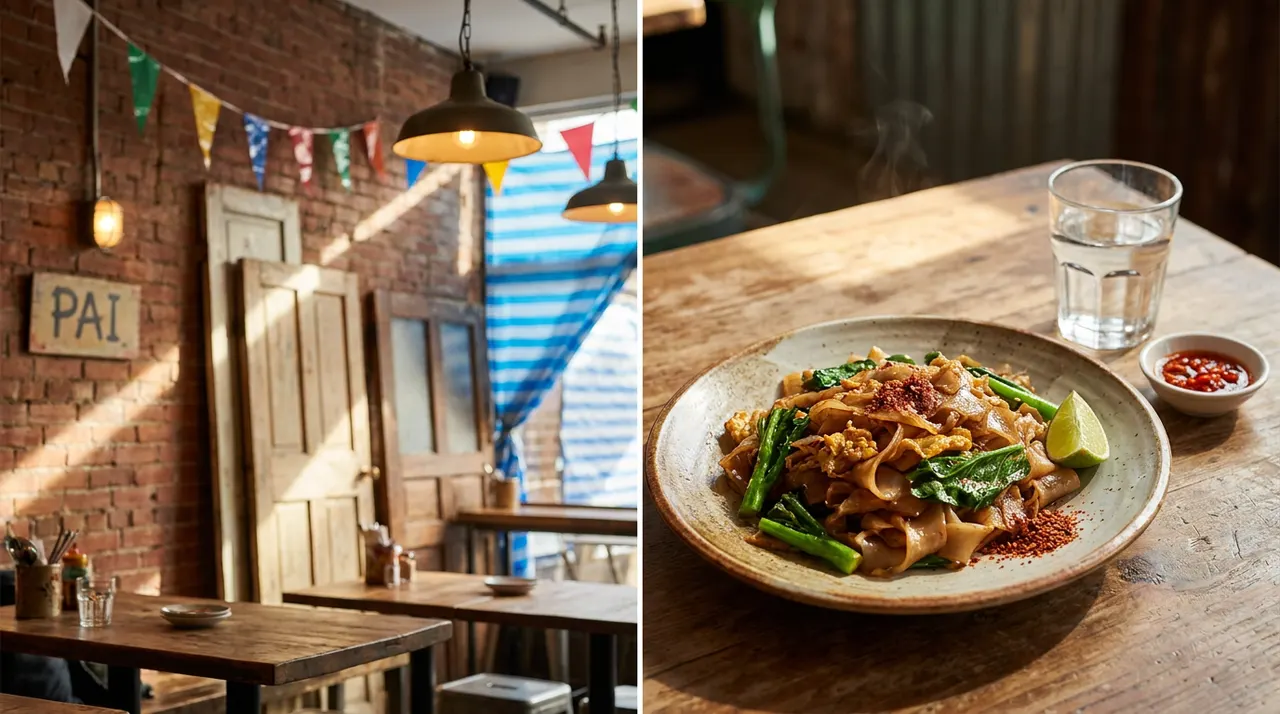 A split image showing a rustic brick-walled dining room with wooden tables on the left, and a close-up of a plate of Pad See Ew noodles with a lime wedge and a glass of water on a wooden table on the right.
