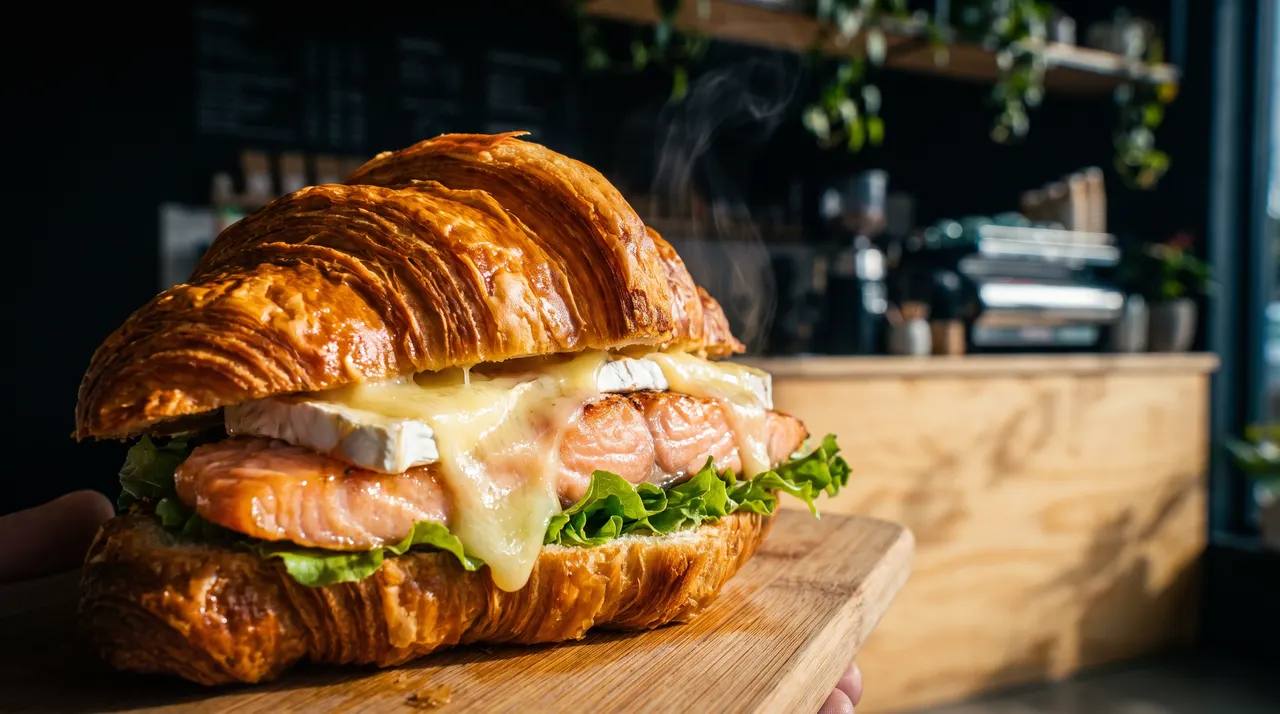 A large, flaky croissant sandwich filled with grilled salmon, melted brie cheese, and fresh green lettuce, served on a wooden board in a cafe setting.