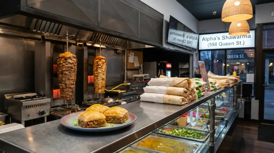 Freshly prepared shawarma wraps and sweet baklava on display at Alpha's Shawarma.
