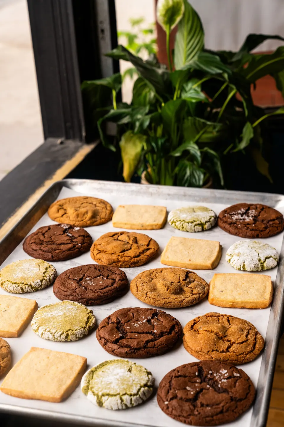A metal baking sheet lined with parchment paper holds rows of assorted freshly baked cookies, including chocolate crinkle, matcha green tea, classic chocolate chip, and square shortbread cookies, with a green houseplant in the background.