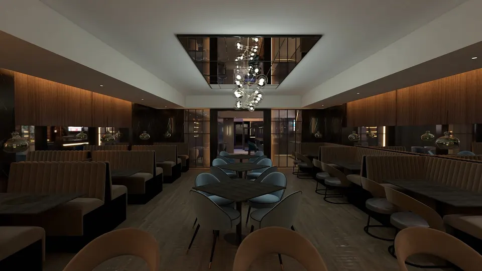 Symmetrical view of a dimly lit, upscale restaurant dining room featuring plush booth seating on the sides, central tables with modern blue chairs, and a striking geometric mirrored ceiling fixture.