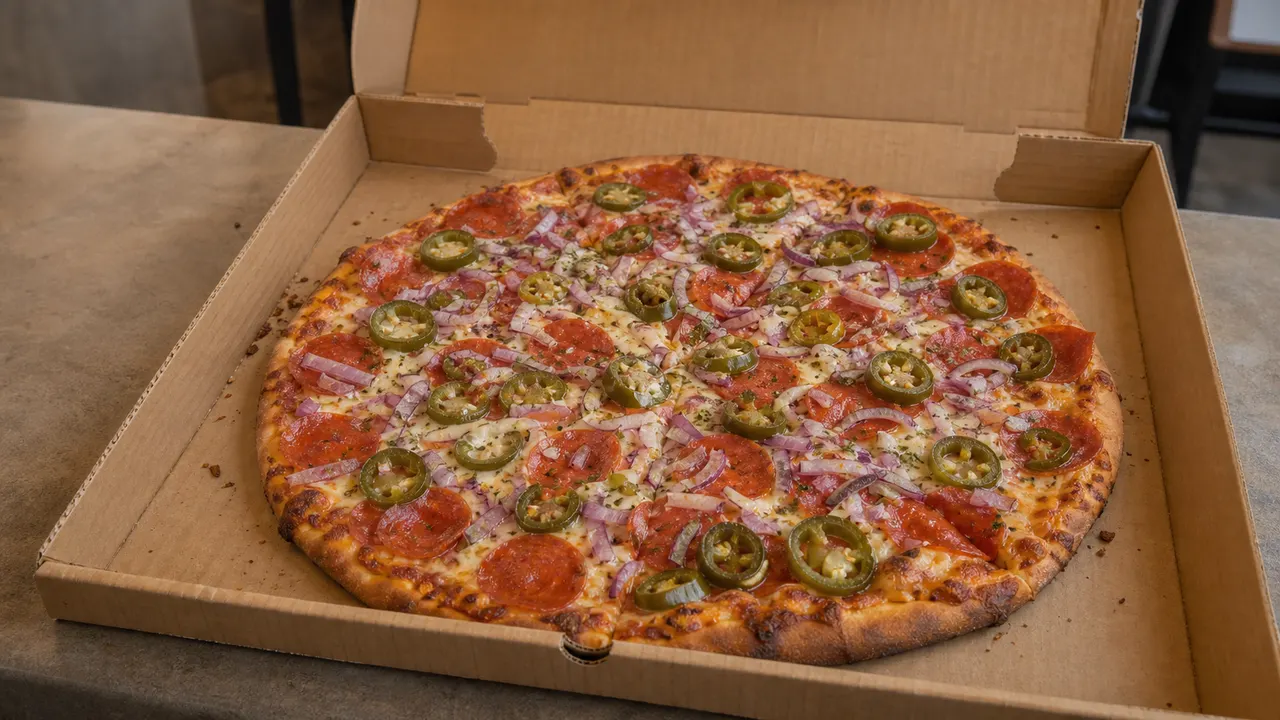 Pepperoni, red onion, and jalapeño pizza in an open cardboard box on an indoor counter.
