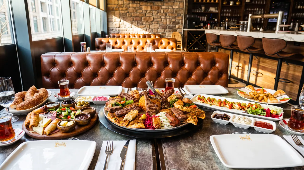A large table spread at Rumi Restaurant featuring a massive platter of grilled meats and kebabs, side dishes, dips, bread, and Turkish tea, set against leather booth seating.