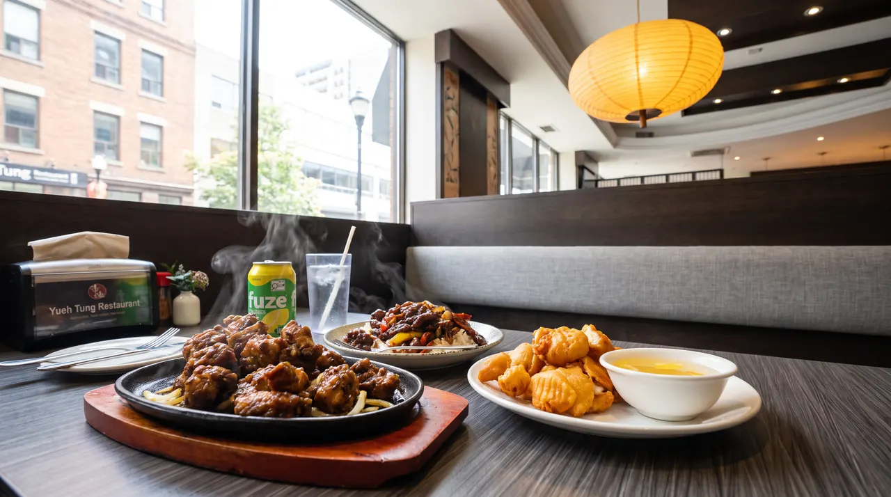 A table at Yueh Tung Restaurant featuring a sizzling hot plate of meat, a plate of stir-fried beef with vegetables, a plate of golden fried chicken balls with sweet and sour sauce, a can of Fuze tea, and a glass of water.
