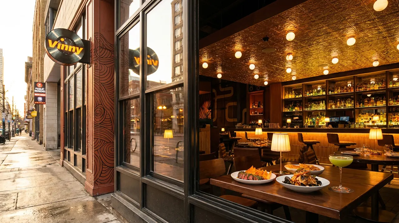 View from a wet city sidewalk looking through a large window into a warm, dimly lit restaurant interior with a bar, tables set with food, and a circular Vinny sign on the exterior wall.