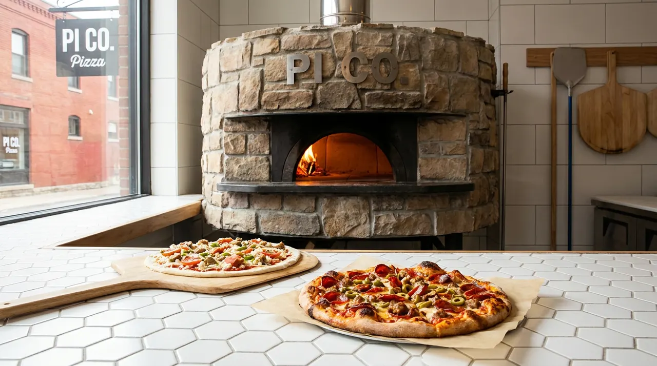 Two freshly prepared pizzas sit on a white tiled counter in front of a large, rustic stone pizza oven with a fire burning inside.