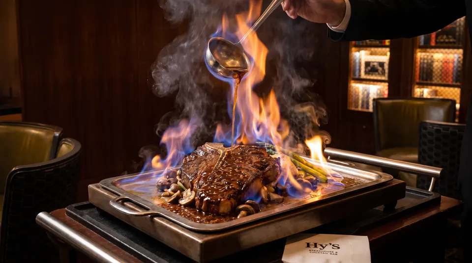 A large T-bone steak on a metal platter is flambéed tableside with a ladle pouring liquid over it, creating high flames and smoke in a dimly lit steakhouse.