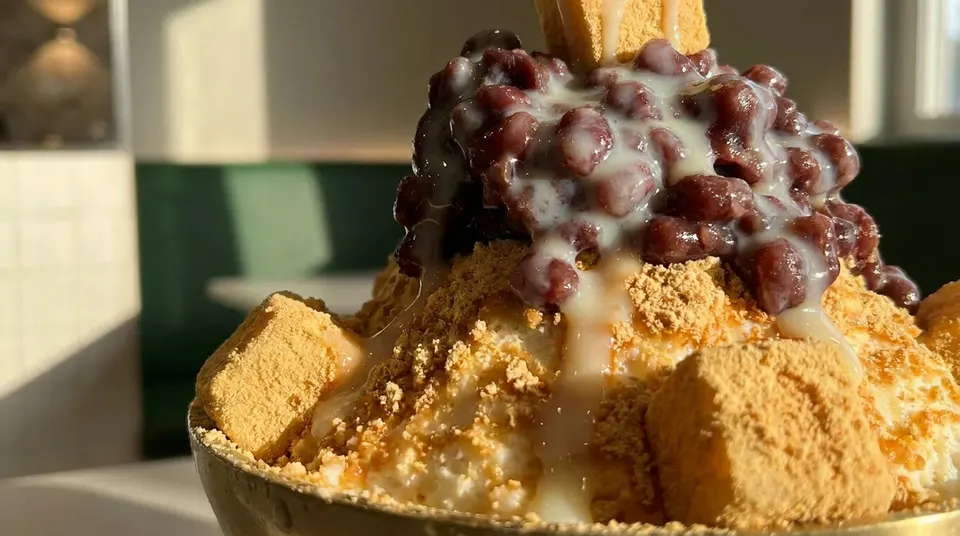 Close-up of Cafe Kray's red bean bingsu topped with powdered rice cake.