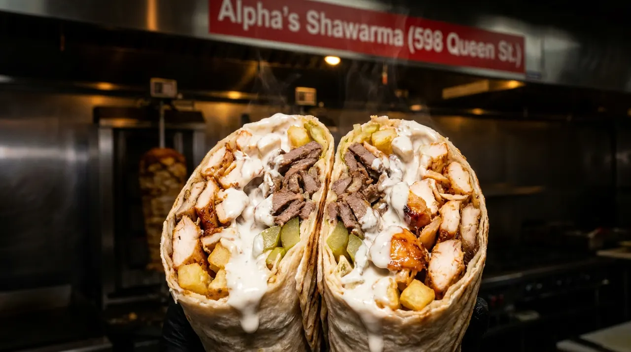 A close-up of a large shawarma wrap cut in half, overflowing with chicken, beef, fries, pickles, and garlic sauce, held up in front of a commercial kitchen background.
