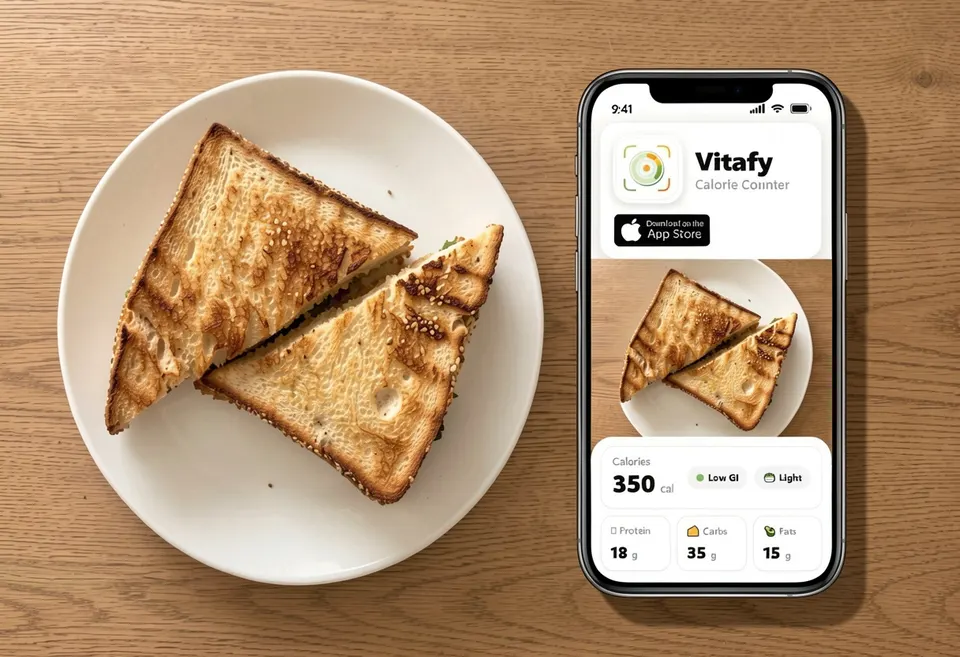A toasted sandwich cut into two triangles on a white plate next to a smartphone displaying a calorie counter app showing nutritional information.