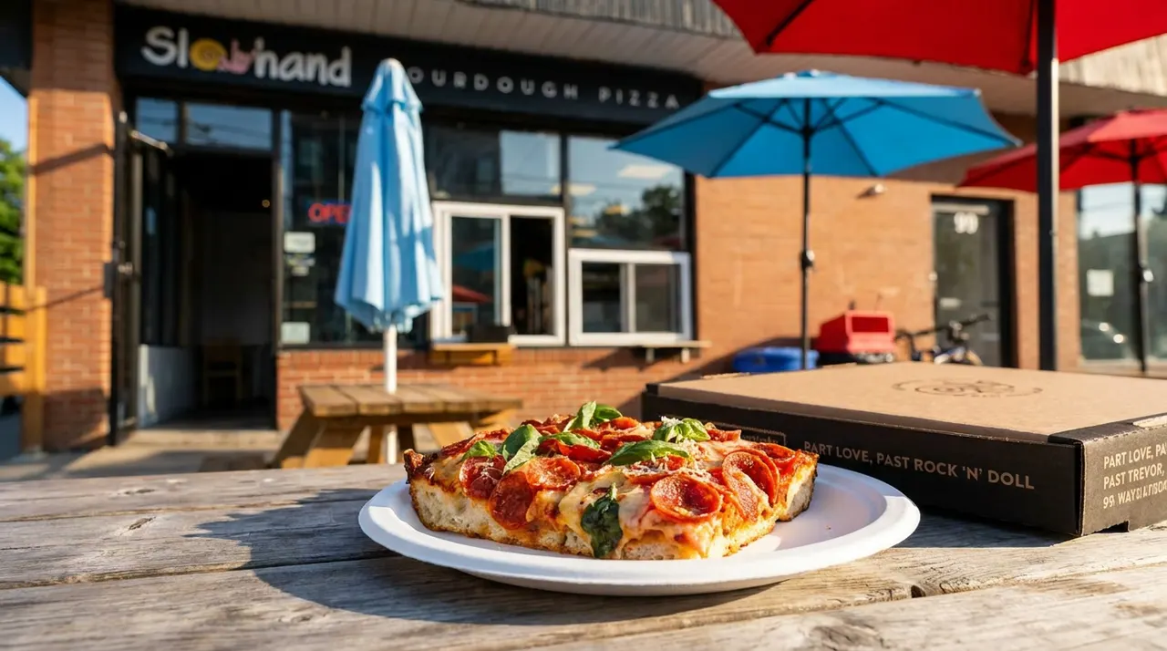 A thick-crust square pepperoni pizza topped with fresh basil leaves sits on a white plate on a wooden picnic table, next to a closed pizza box with the storefront of Slowhand Sourdough Pizza in the background.