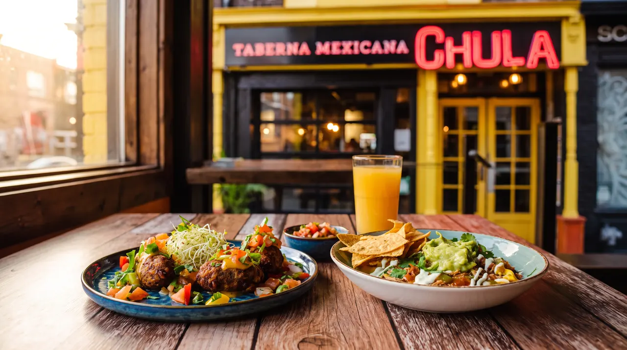 A wooden table set with two plates of Mexican food, a small bowl of salsa, and a glass of orange juice, with the yellow facade of Chula Taberna Mexicana visible in the background.