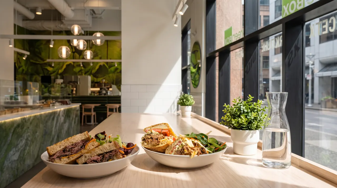 Two plates of sandwiches and salads sit on a light wood counter by a window at Green Box, with a small potted plant and a glass water carafe nearby.