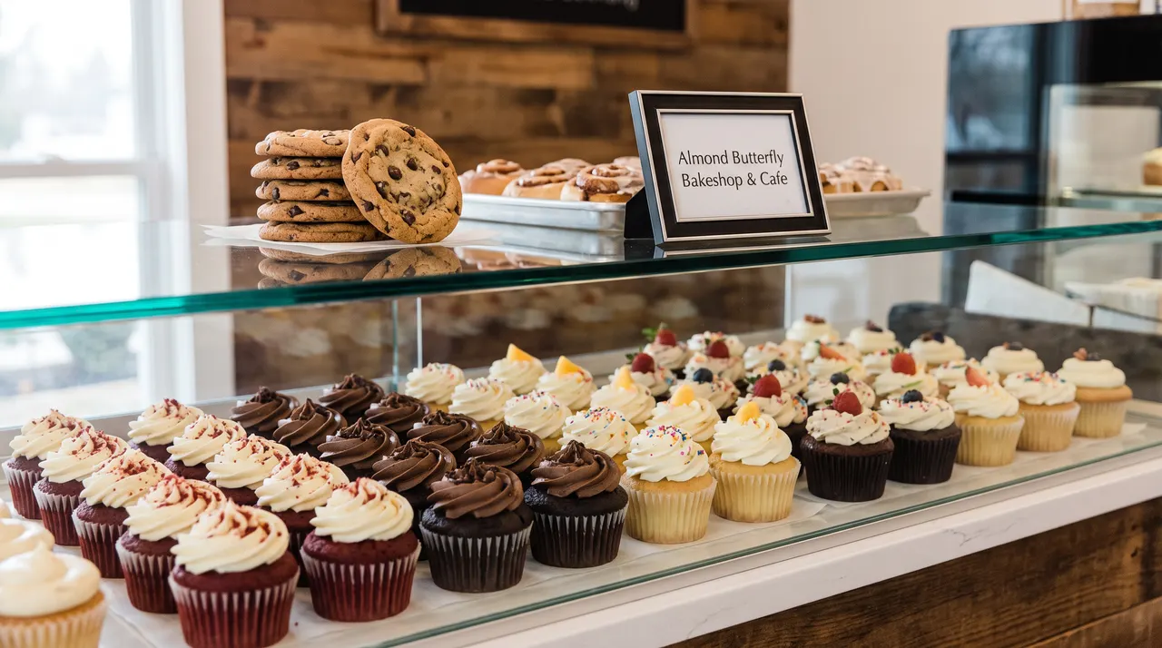 A glass display case filled with rows of cupcakes with various frostings, including chocolate, vanilla, and red velvet, with a stack of chocolate chip cookies and a sign on the shelf above.