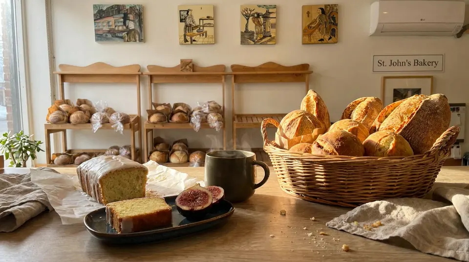 A rustic wooden table features a sliced glazed loaf cake, fresh cut figs, a steaming mug, and a large woven basket overflowing with artisanal sourdough bread loaves inside a bakery.