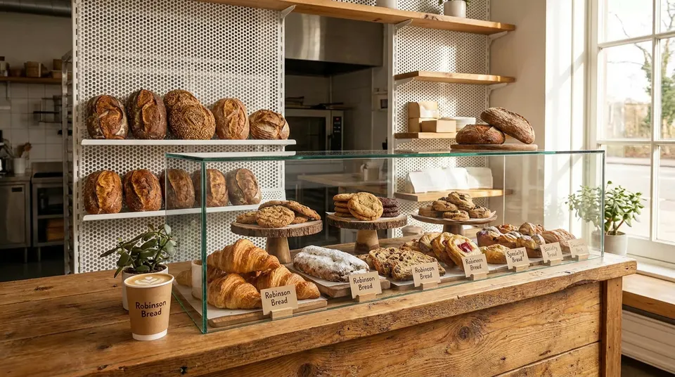 Freshly baked artisanal breads and pastries on display at Robinson Bread.