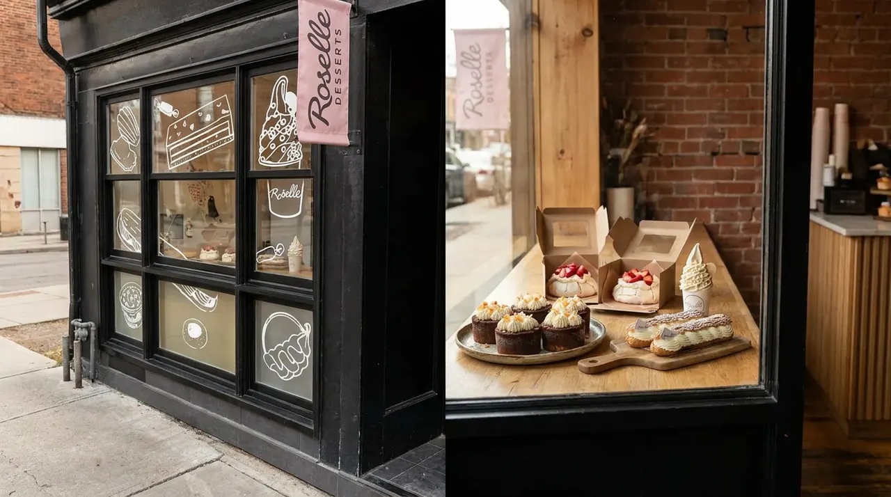 A split image showing the black exterior storefront of Roselle Desserts with white window illustrations on the left, and a close-up of pastries, tarts, and soft serve ice cream displayed on a wooden counter inside the window on the right.