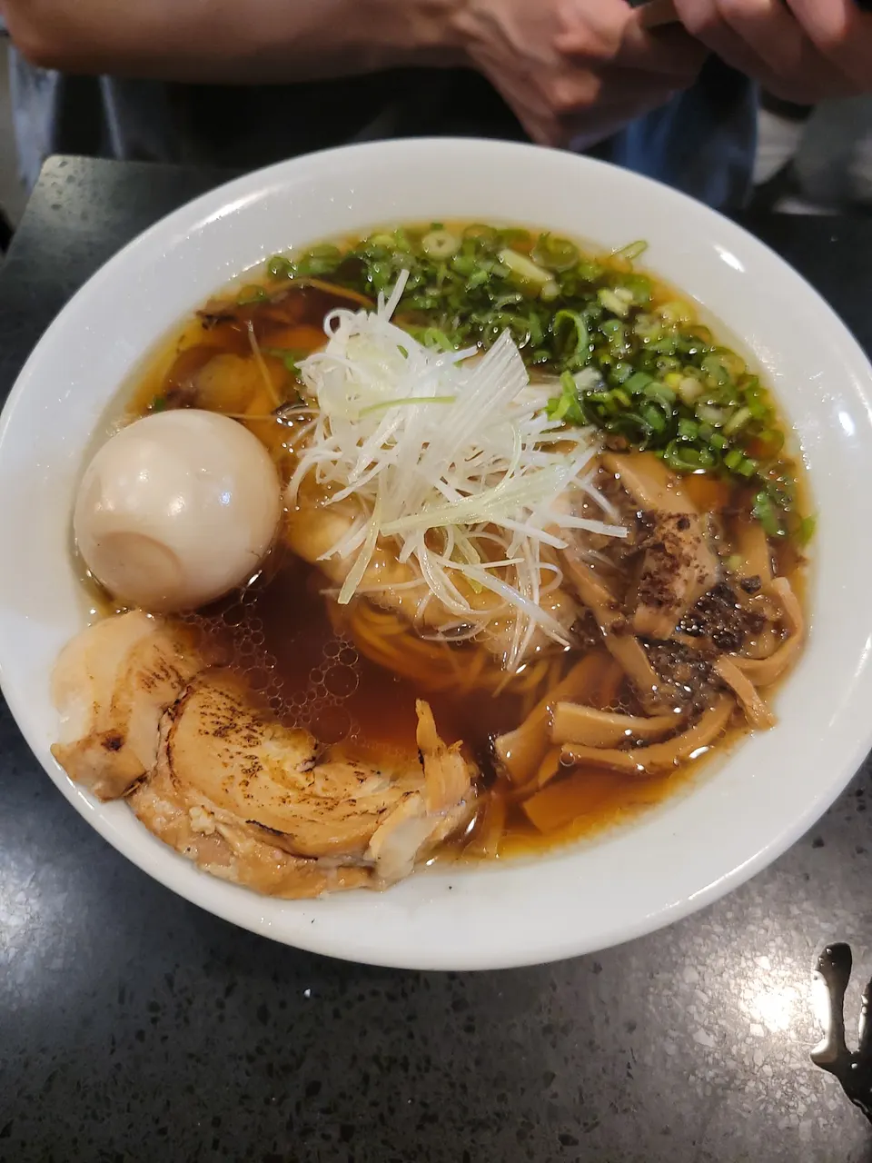 A bowl of Japanese ramen with a dark soy sauce broth, topped with a soft-boiled egg, sliced chashu pork, bamboo shoots, chopped green onions, and shredded white leeks.