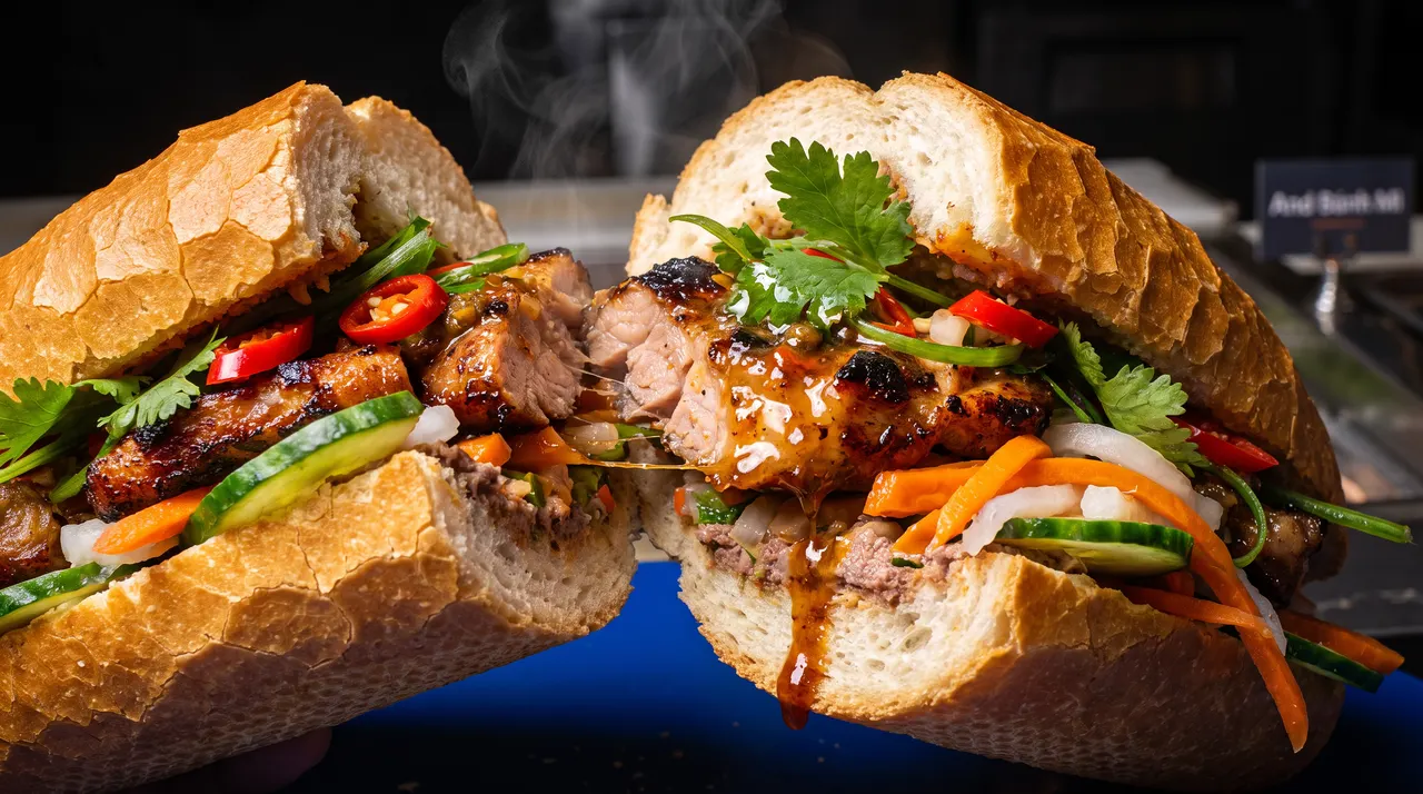 A close-up of a Vietnamese banh mi sandwich cut in half, showing grilled meat, pickled carrots, cucumber, cilantro, and chili peppers inside a crusty baguette with sauce dripping down.
