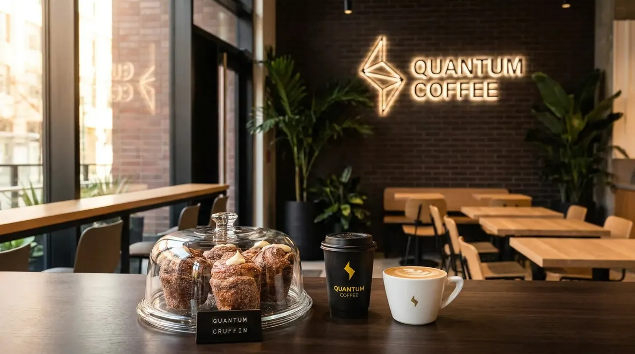 A dark wooden counter displays a glass dome filled with cruffins, a black takeaway cup, and a white ceramic cup of latte art in front of a modern coffee shop interior with a glowing Quantum Coffee sign.