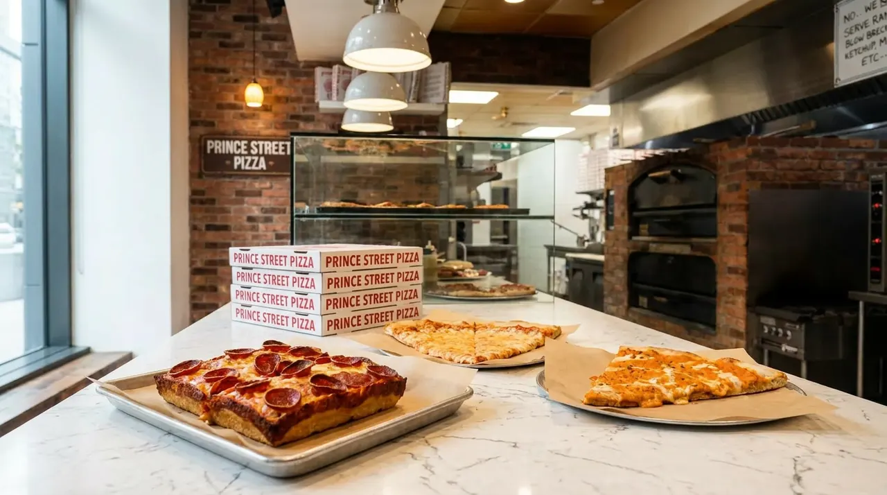 A selection of pizzas on a marble counter at Prince Street Pizza, including a thick square pepperoni slice and triangular cheese slices, with a stack of branded pizza boxes and a brick oven in the background.