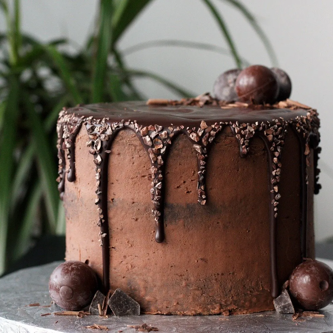 A rich chocolate drip cake decorated with chocolate glaze, cacao nibs, and chocolate truffles on a silver cake board.