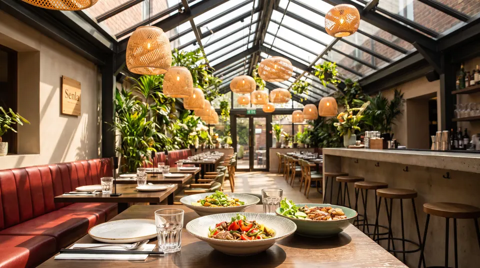 The sun-drenched dining room at Senla, featuring a glass atrium roof and fresh Asian dishes.