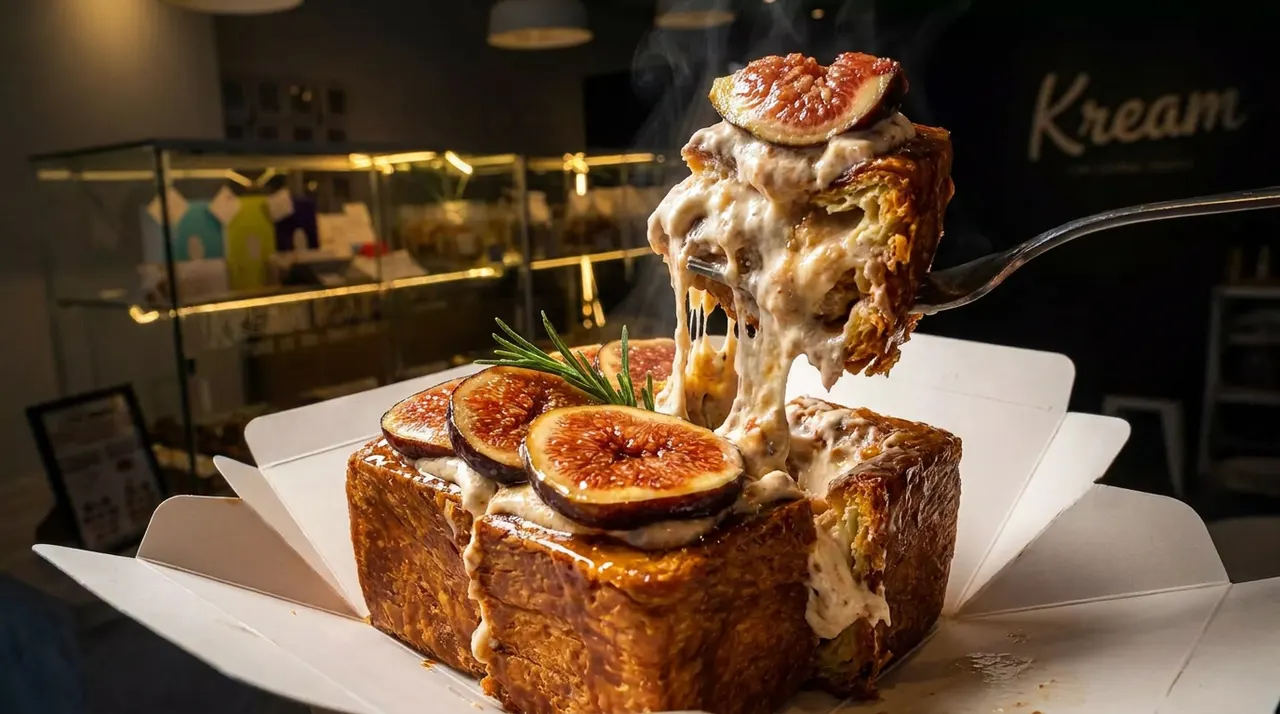 A piece of thick-cut, caramelized toast topped with sliced fresh figs and creamy sauce is lifted with a fork, showing a gooey pull, while the rest of the dessert sits in a white takeout box.