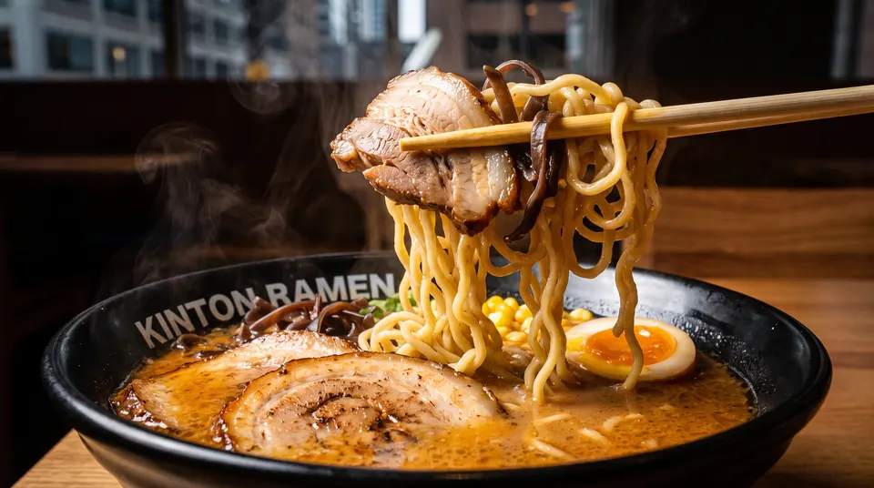 A pair of wooden chopsticks lifts a slice of pork chashu and wavy ramen noodles from a steaming bowl of ramen with rich broth, soft-boiled egg, and corn.
