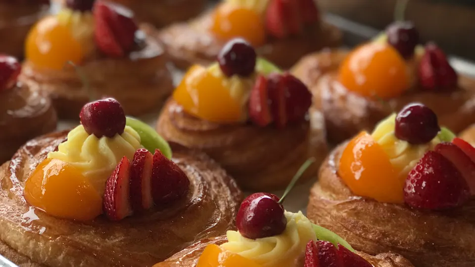 A close-up shot of several freshly baked fruit danish pastries topped with custard, sliced peaches, strawberries, and a cherry.