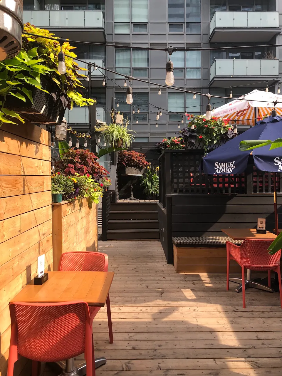 An outdoor wooden patio at Hey Lucy with wooden tables, bright red chairs, hanging string lights, lush green and red potted plants, and a Samuel Adams umbrella.