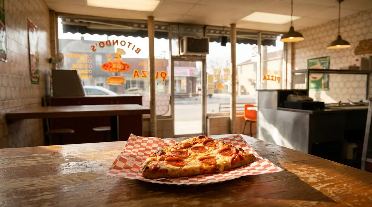 A slice of pepperoni pizza served on red and white checkered paper on a rustic wooden table inside an empty, sunlit pizzeria with large front windows.