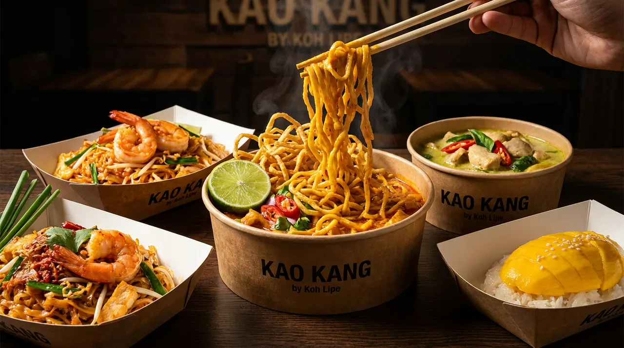 A spread of Thai dishes from Kao Kang by Koh Lipe, including Pad Thai with prawns, Khao Soi noodle soup with a lime wedge, green curry, and mango sticky rice, served in branded paper containers.