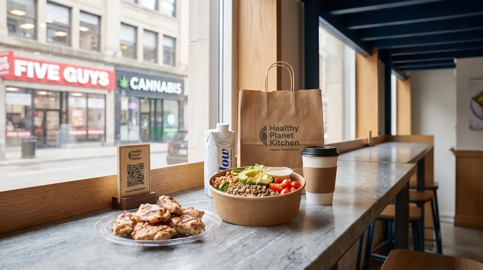 A healthy meal spread on a marble counter by a window, featuring a grain bowl with avocado and tomatoes, grilled chicken pieces, a paper shopping bag, a coffee cup, and a water carton.