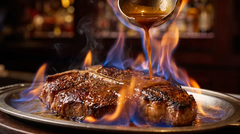A thick-cut T-bone steak sizzling on a metal platter, engulfed in blue and orange flames as a rich brown sauce is poured over it from a metal ladle.