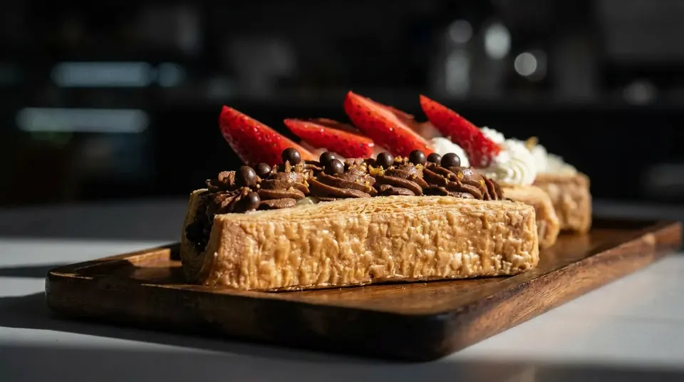 Chocolate cream and strawberry Napoleon pastries on a wooden board at Soul Made Cafe.