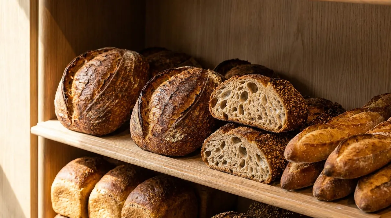 Freshly baked artisanal sourdough loaves and baguettes displayed on wooden shelves at Dear Grain bakery.